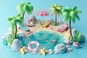 Summer vacation concept. Palm trees on beach on miniature island