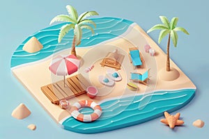 Summer vacation concept. Palm trees on beach on miniature island