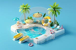 Summer vacation concept. Palm trees on beach on miniature island
