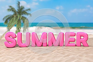 Summer Vacation Concept. Pink Bubble Summer Sign Word on an Ocean Deserted Coast. 3d Rendering