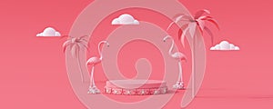 Summer vacation concept with podium for products. Flamingo and palm tree on pink background 3D Render