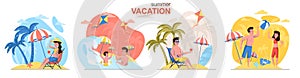 Summer vacation concept scenes set. Man and woman relax on beach, family swimming, couple plays ball, seaside resort. Collection