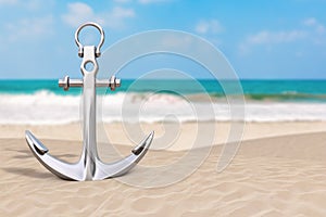 Summer Vacation Concept. Silver Nautical Anchor on an Ocean Deserted Coast. 3d Rendering