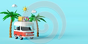 Summer vacation concept, Travel to the beach by van carrying travel accessories under palm tree on blue background