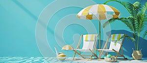 Summer vacation concept with umbrella, chairs, and beach accessories on blue background. Image created using 3d software