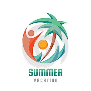 Summer vacation - creative logo template illustration. Abstract palm, human character, sea waves and sun. Travel happiness