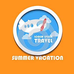 Summer vacation creative poster with plane, clouds, sky and text