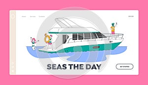 Summer Vacation Cruise Landing Page Template. Characters Traveling on Luxury Yacht at Sea, Happy Woman Jump to Water