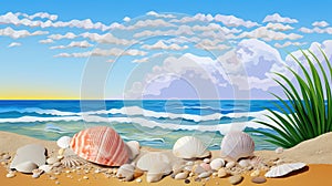 Summer vacation destination to exotic tropical beach collage with pretty sea shells - generative AI