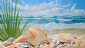 Summer vacation destination to exotic tropical beach collage with pretty sea shells - generative AI