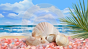 Summer vacation destination to exotic tropical beach collage with pretty sea shells - generative AI