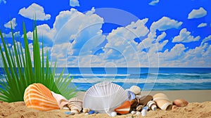 Summer vacation destination to exotic tropical beach collage with pretty sea shells - generative AI