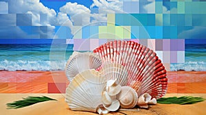 Summer vacation destination to exotic tropical beach collage with pretty sea shells - generative AI