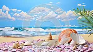 Summer vacation destination to exotic tropical beach collage with pretty sea shells - generative AI