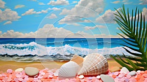 Summer vacation destination to exotic tropical beach collage with pretty sea shells - generative AI