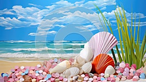 Summer vacation destination to exotic tropical beach collage with pretty sea shells - generative AI