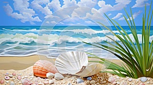 Summer vacation destination to exotic tropical beach collage with pretty sea shells - generative AI