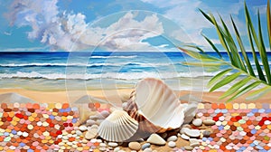 Summer vacation destination to exotic tropical beach collage with pretty sea shells - generative AI