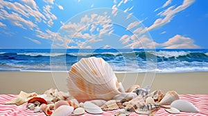 Summer vacation destination to exotic tropical beach collage with pretty sea shells - generative AI