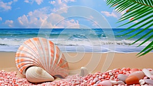 Summer vacation destination to exotic tropical beach collage with pretty sea shells - generative AI