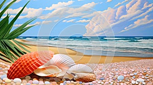 Summer vacation destination to exotic tropical beach collage with pretty sea shells - generative AI