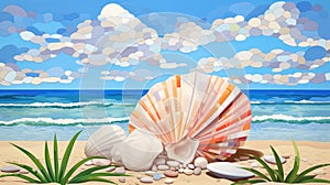 Summer vacation destination to exotic tropical beach collage with pretty sea shells - generative AI