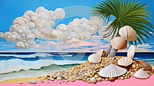 Summer vacation destination to exotic tropical beach collage with pretty sea shells - generative AI