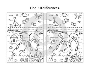 Summer vacation find the differences picture puzzle and coloring page