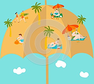 Summer vacation on funny beach, bodypositive people sunbathing, tropical palms and sand on big sandy umbrella flat