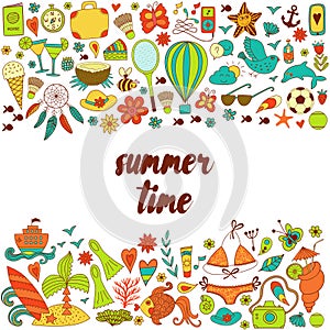 Summer vacation hand drawn vector elementss and objects, beach symbols