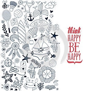 Summer vacation hand drawn vector elementss and objects, beach symbols.