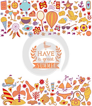 Summer vacation hand drawn vector elementss and objects, beach symbols