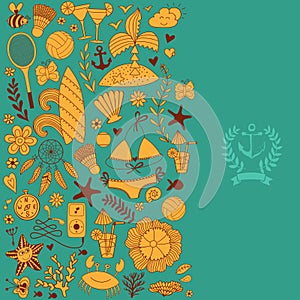 Summer vacation hand drawn vector elementss and objects, beach symbols.