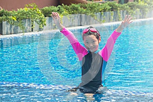 Happiness and smiling Asian cute little girl has feeling funny and enjoy in swimming pool.