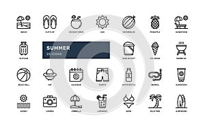 Summer vacation holiday fun leisure at beach tropical island detailed outline icon set. simple vector illustration