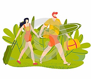 Summer vacation, holidays, man and woman vacationist with luggage walk on tropical leaves background, flat vector