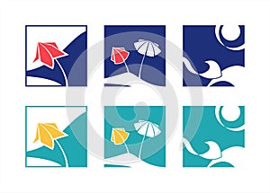 Summer vacation icon set. Beach, sea, sun, umbrella. Two color options. Vector