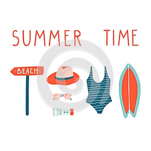 Summer vacation illustrations set. Vector modern doodle clipart.
