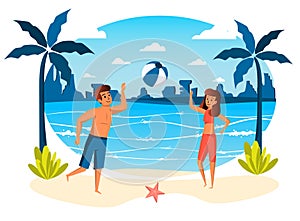 Summer vacation isolated scene. Couple playing ball on beach