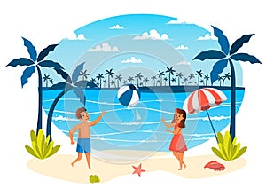 Summer vacation isolated scene. Girl and boy playing ball on beach