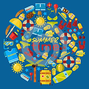 Summer vacation items in round frame composition, vector illustration. Summertime icons and objects. Seaside recreation