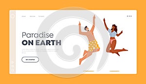 Summer Vacation Landing Page Template. Happy Couple Jump, Rejoice, Celebrate Beach Party. Smiling Young Man and Woman