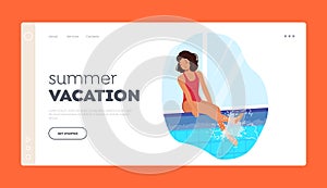 Summer Vacation Landing Page Template. Young Girl Sitting On The Edge Of Pool, Ready To Dive In. Child Splash with Legs