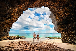 loving couple travel people enjoy honeymoon vacation on tropical beach Bali