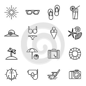 Summer vacation line art beach resort accessorize vector symbols icon flat design template illustration