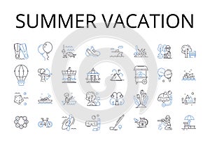 Summer vacation line icons collection. Beach holiday, Winter break, Spring retreat, Tropical getaway, Mountain escape