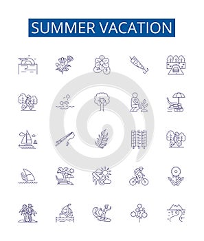 Summer vacation line icons signs set. Design collection of Holiday, Vacation, Sun, Beach, Fun, Heat, BBQ, Travel outline