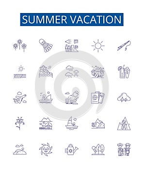 Summer vacation line icons signs set. Design collection of Holiday, Vacation, Sun, Beach, Fun, Heat, BBQ, Travel outline