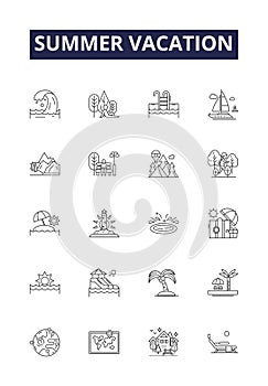 Summer vacation line vector icons and signs. Summer, Trip, Sun, Beach, Fun, Relaxation, Adventure, Exploration outline