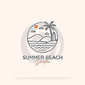 Summer vacation logo design with line art simple vector minimalist illustration template, travel logo designs